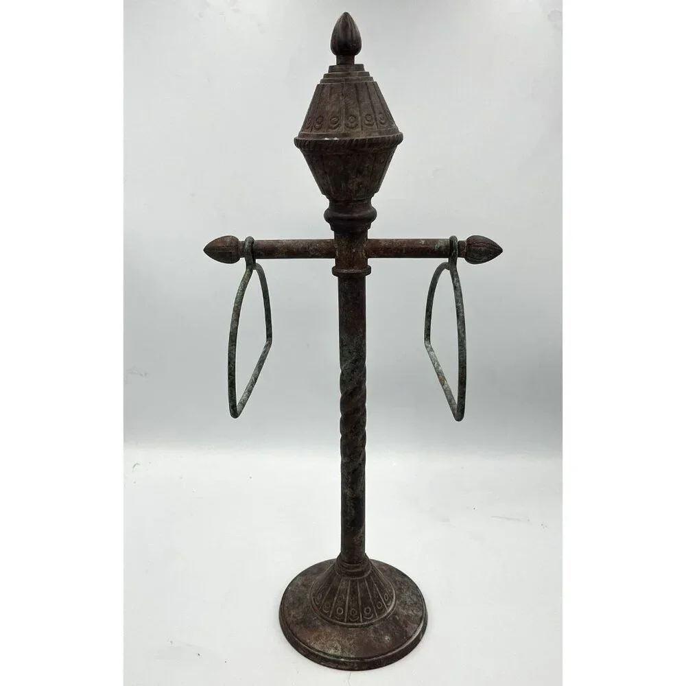 Vtg 1996 Ornate India Metal Towel Tree Stand 2 Ring Holder Spanish Rustic Decor